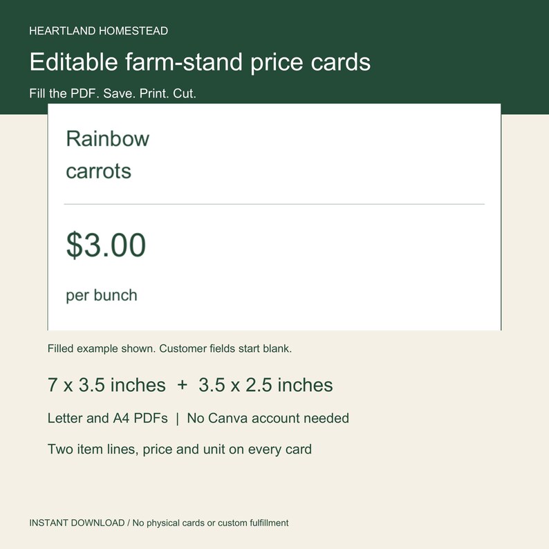 Editable farm stand price card with fictional filled example; blank customer fields, two card sizes, Letter and A4 PDF.