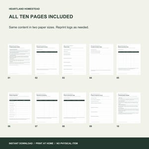 All ten included pages: quickstart, asset inventory, brief, sketch, materials, quotes, questions, photo index, review and fictional example.
