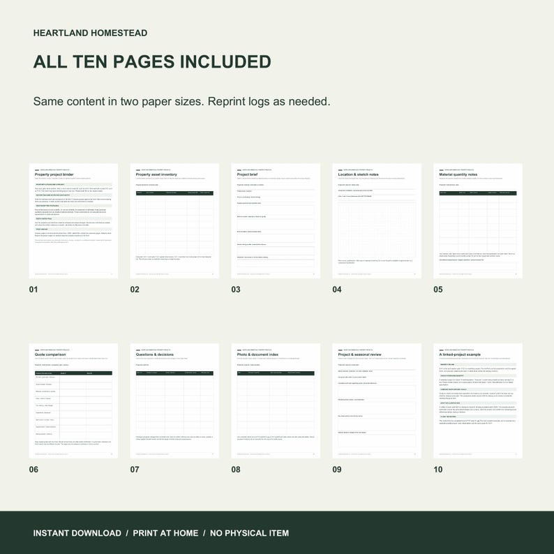 All ten included pages: quickstart, asset inventory, brief, sketch, materials, quotes, questions, photo index, review and fictional example.