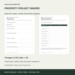 Actual project brief and quote-comparison pages from the Property Project Binder. Ten printable pages in Letter and A4.