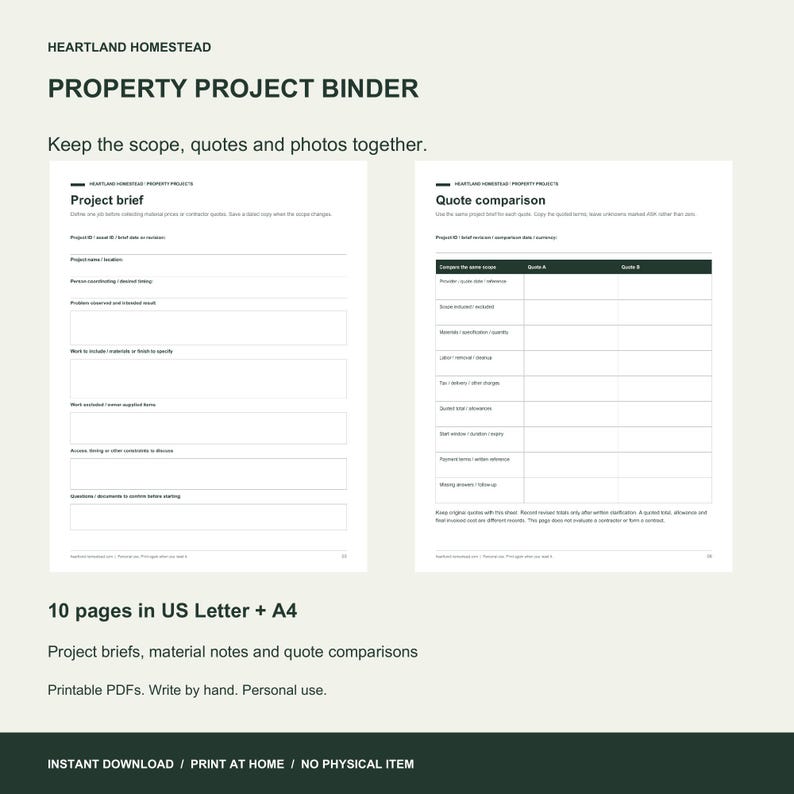 Actual project brief and quote-comparison pages from the Property Project Binder. Ten printable pages in Letter and A4.