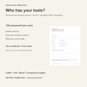 May include: A digital tool-lending tracker titled Heartland Homestead Who has your tools? featuring an XLSX workbook with three tabs and a printable PDF companion. The document includes 100 loan rows, partial returns, and due status tracking.