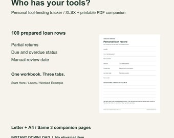 May include: A digital tool-lending tracker titled Heartland Homestead Who has your tools? featuring an XLSX workbook with three tabs and a printable PDF companion. The document includes 100 loan rows, partial returns, and due status tracking.