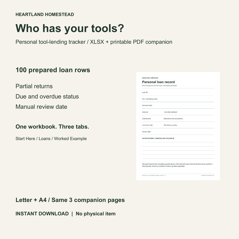 Personal tool-lending workbook with 100 prepared rows, partial returns and a three-page printable companion in Letter and A4. Instant download only.