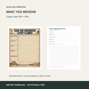 Included artwork and file details for Farm and Greenhouse Planner, Two Printable Layout Worksheets. Actual customer artwork shown.