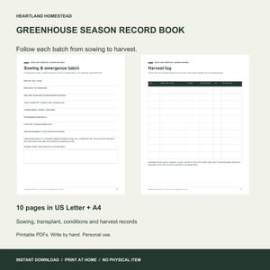 Actual sowing batch and harvest pages from the Greenhouse Season Record Book. Ten printable pages in Letter and A4.