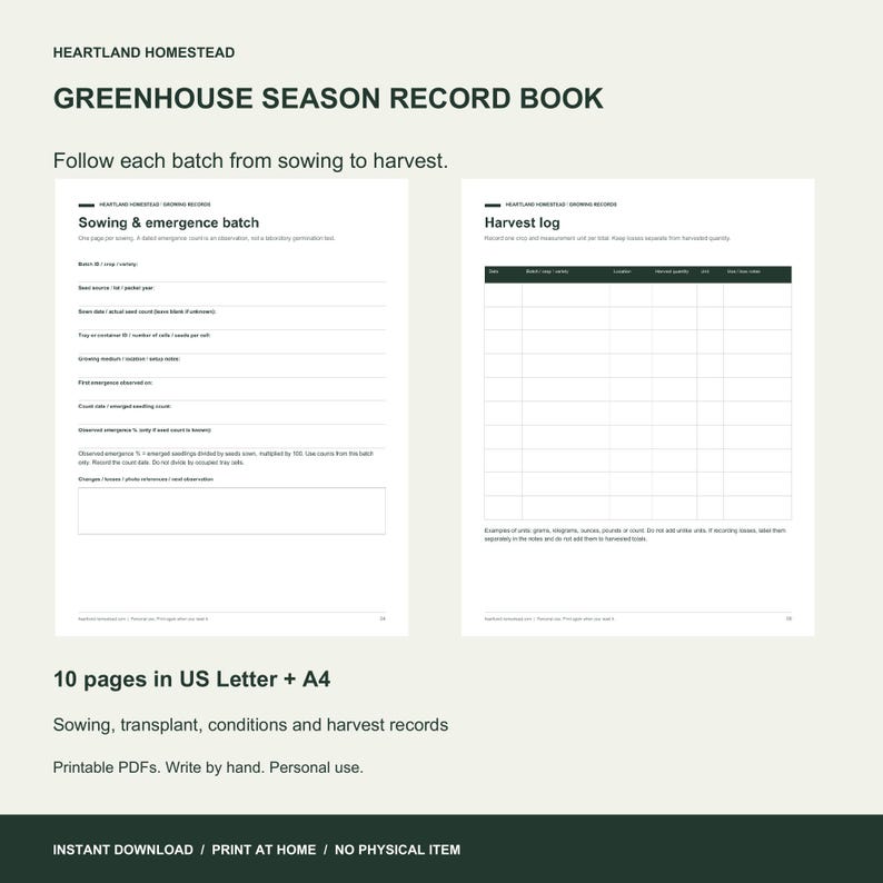 Actual sowing batch and harvest pages from the Greenhouse Season Record Book. Ten printable pages in Letter and A4.