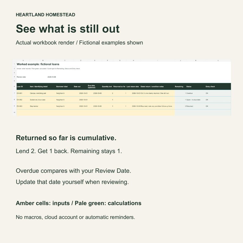 Actual workbook example showing remaining quantities and loan statuses. Review date is entered manually; returned quantities are cumulative.