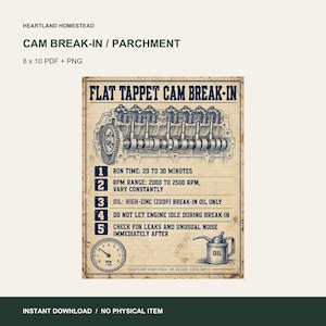 Flat Tappet Cam Break-In Poster, Parchment Layout, Printable Garage Art. Preview made from the included files. Instant digital download; no physical item.