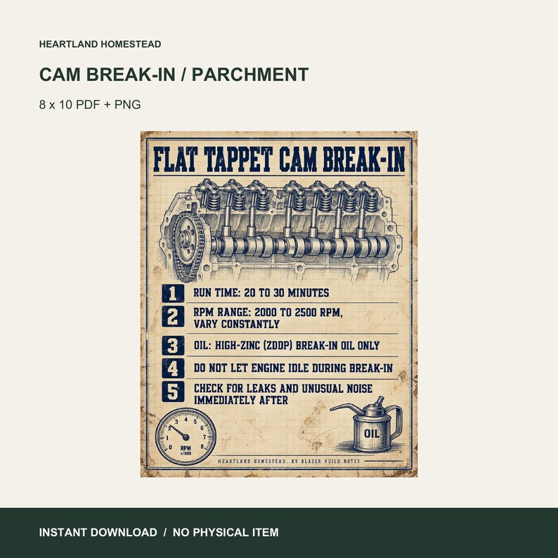 Flat Tappet Cam Break-In Poster, Parchment Layout, Printable Garage Art. Preview made from the included files. Instant digital download; no physical item.