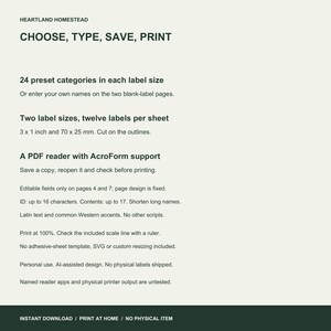 Editing and printing requirements: PDF AcroForm support, short text fields, 100 percent scale and personal use. No physical labels or custom resizing.