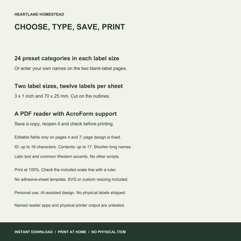 Editing and printing requirements: PDF AcroForm support, short text fields, 100 percent scale and personal use. No physical labels or custom resizing.