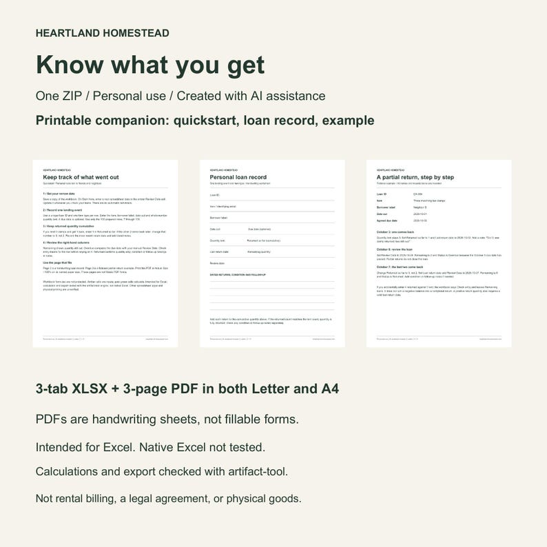Actual three-page companion: quickstart, handwriting loan record and fictional example. XLSX included; native Excel untested. Personal use and AI-assisted creation.