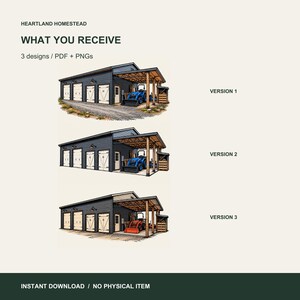 Included artwork and file details for Garage and Tractor Art Set, Three Printable Workshop Illustrations. Actual customer artwork shown.