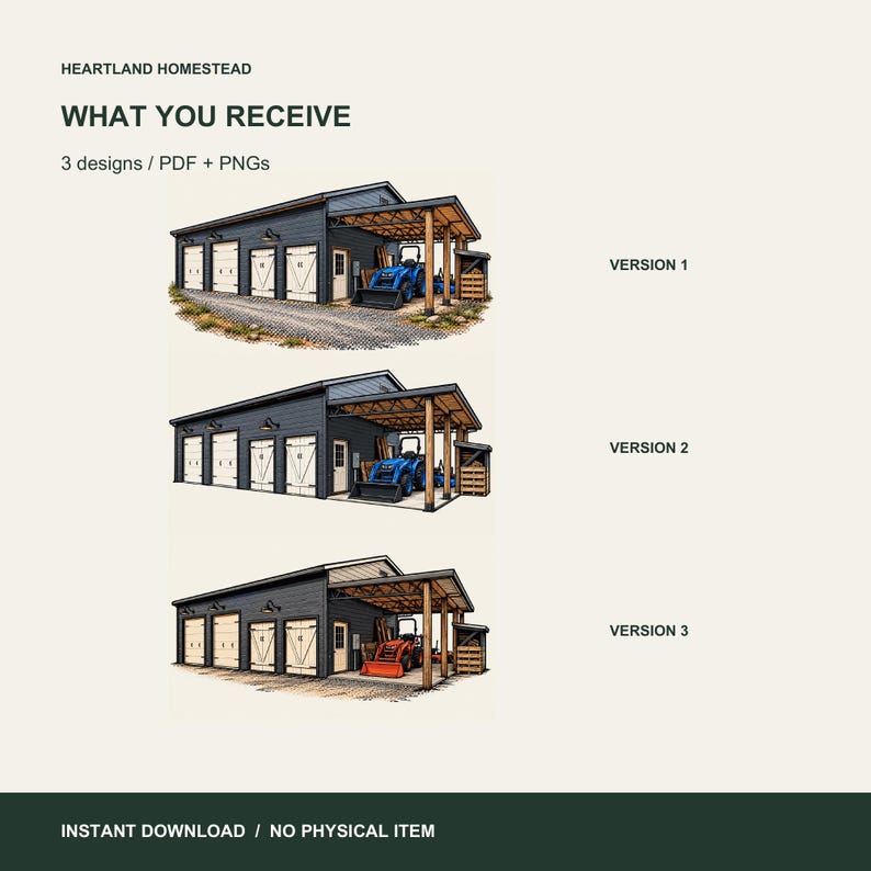 Included artwork and file details for Garage and Tractor Art Set, Three Printable Workshop Illustrations. Actual customer artwork shown.