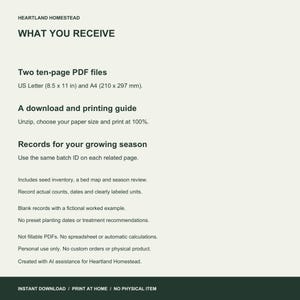 Two ten-page PDFs and guide. Undated handwriting records with a fictional example. Personal use. No planting advice.