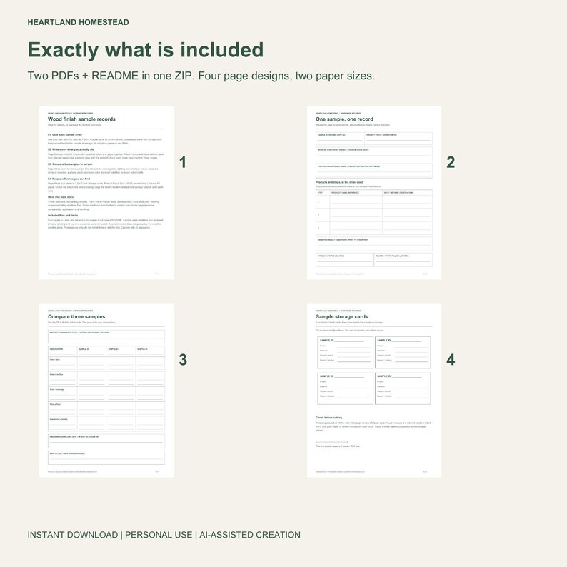 All four actual pages: guide, one-sample record, three-sample comparison and four identical blank storage cards.