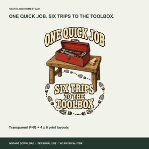 One Quick Job, Six Trips to the Toolbox artwork with a red toolbox and boot prints. Transparent PNG and small print layouts; instant download, personal use.