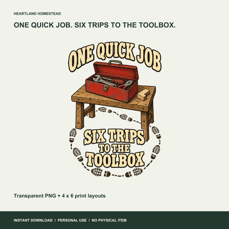 One Quick Job, Six Trips to the Toolbox artwork with a red toolbox and boot prints. Transparent PNG and small print layouts; instant download, personal use.