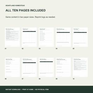 All ten included pages: equipment index, profile, service plan, history, repair detail, parts, follow-up, storage notes and guides.