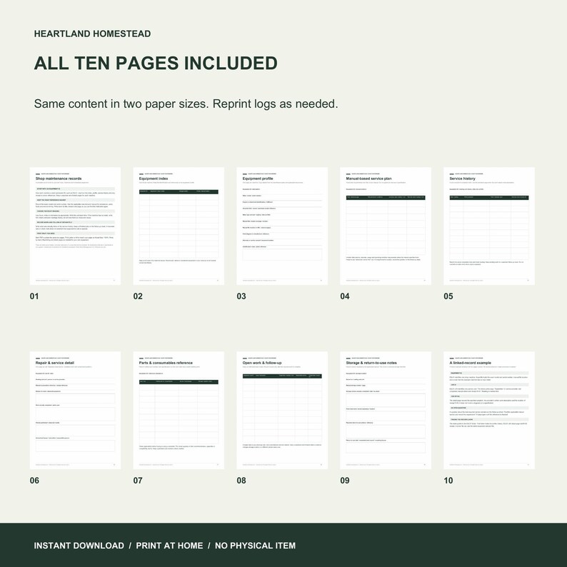 All ten included pages: equipment index, profile, service plan, history, repair detail, parts, follow-up, storage notes and guides.