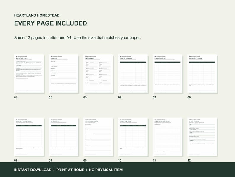 Overview of all twelve included printable organizer pages. Both PDF paper sizes contain the same content.