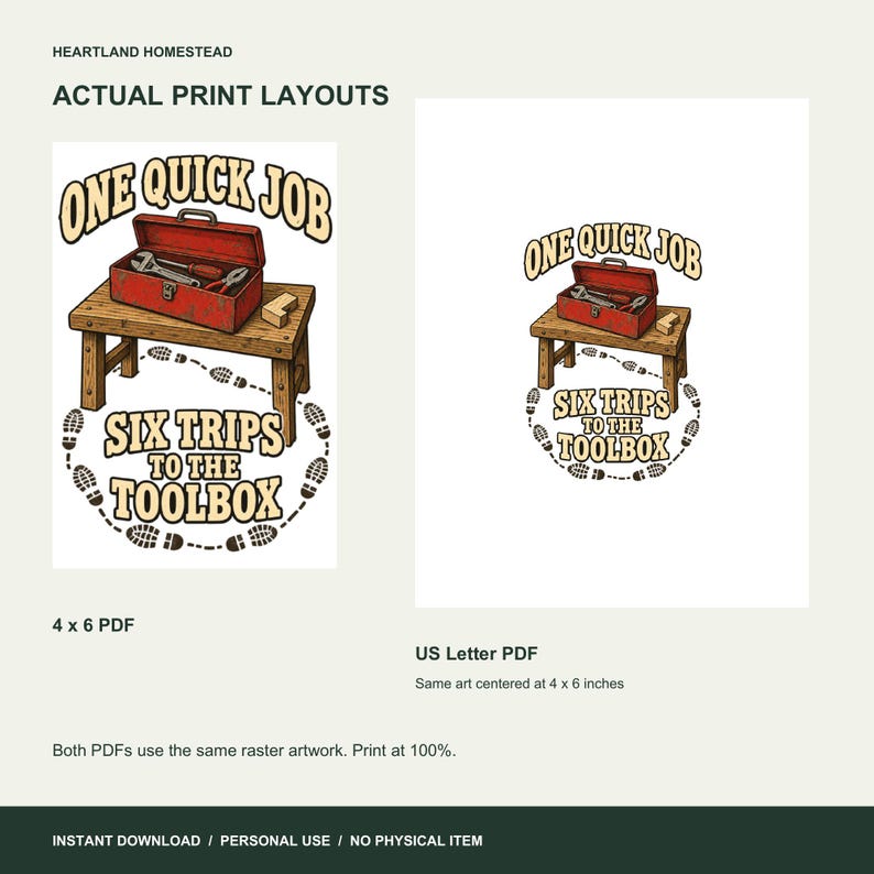 Actual 4 by 6 and US Letter PDF layouts of the same toolbox artwork. Letter version has the same art centered at 4 by 6 inches.