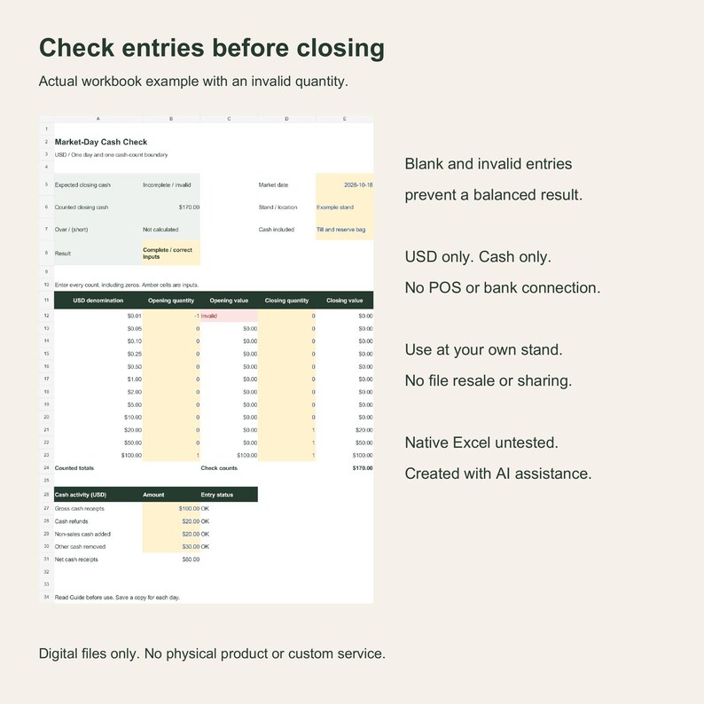 Actual invalid-count workbook example and product limits. USD cash only; AI assisted; native Excel untested.