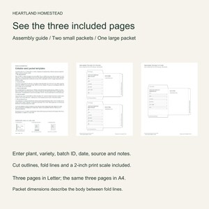 Actual three PDF pages: illustrated assembly guide, two small packets and one large packet. Two paper sizes included.
