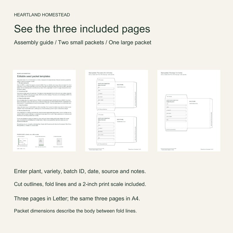 Actual three PDF pages: illustrated assembly guide, two small packets and one large packet. Two paper sizes included.