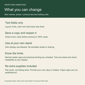 Text-only editing, fixed layout, own-stand display permission, untested physical printing and PDF reader compatibility limits.