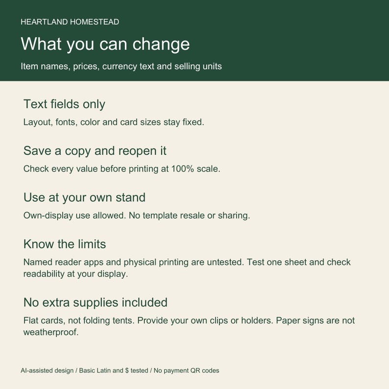 Text-only editing, fixed layout, own-stand display permission, untested physical printing and PDF reader compatibility limits.