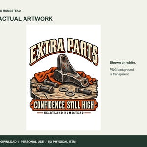 Actual spare-hardware and shop-rag illustration with Extra Parts Confidence Still High lettering shown against white.