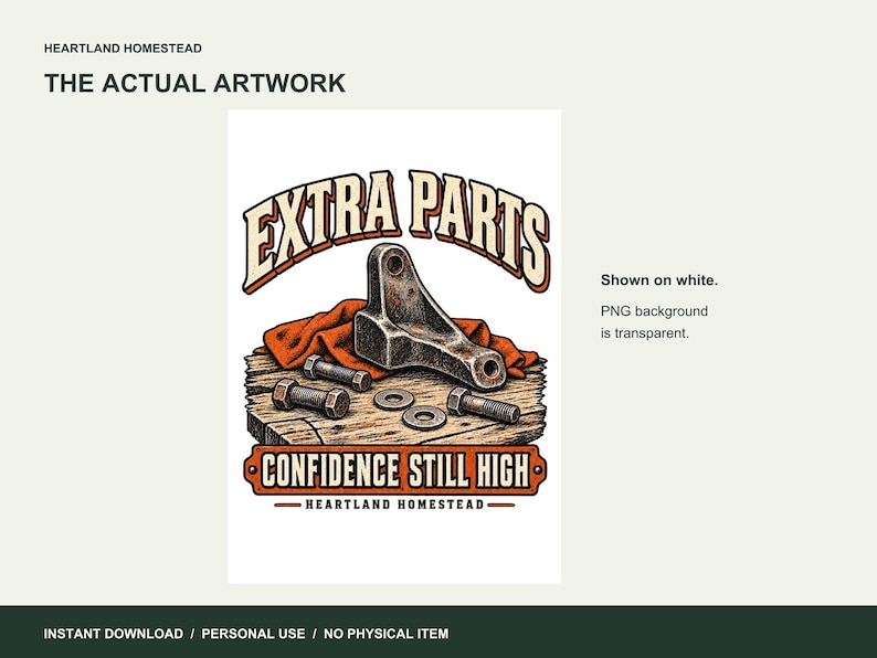 Actual spare-hardware and shop-rag illustration with Extra Parts Confidence Still High lettering shown against white.