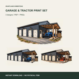 Garage and Tractor Art Set, Three Printable Workshop Illustrations. Preview made from the included files. Instant digital download; no physical item.