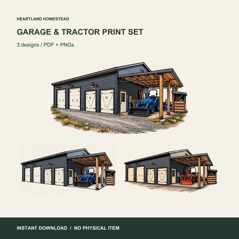 Garage and Tractor Art Set, Three Printable Workshop Illustrations. Preview made from the included files. Instant digital download; no physical item.