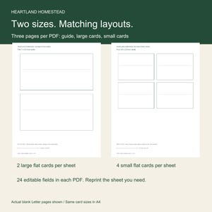 Actual blank sheets: two 7 x 3.5 inch cards and four 3.5 x 2.5 inch cards, 24 editable fields per PDF.