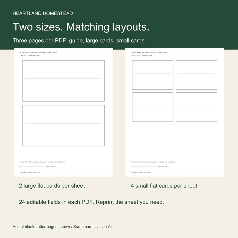 Actual blank sheets: two 7 x 3.5 inch cards and four 3.5 x 2.5 inch cards, 24 editable fields per PDF.