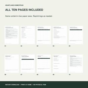 All ten included record pages: season key, inventory, sowing, transplants, map, observations, harvest, review and guides.