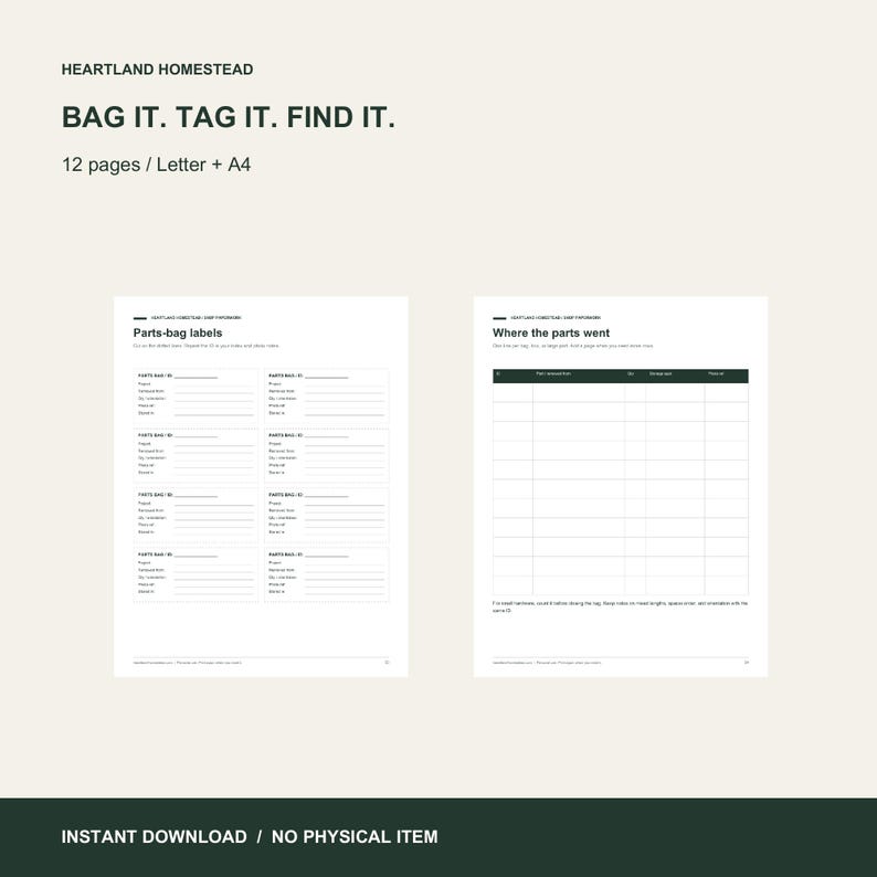 Teardown Organizer, Parts Labels and Restoration Log, 12 Printable Pages. Preview made from the included files. Instant digital download; no physical item.