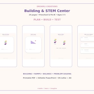 Può includere: Un centro di costruzione e STEM di 24 pagine in PDF stampabile e PowerPoint modificabile per bambini dai 3 ai 5 anni. Il documento presenta quattro pagine di attività intitolate Build a Tall Tower, Build a Ramp, Which is Taller? e Build + Test + Improve.