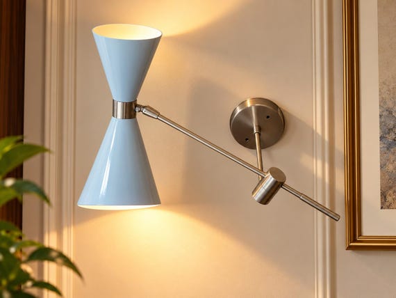 Mid-Century Modern Double Cone Wall Lamp, Brass Accent Lighting, Hourglass Shade