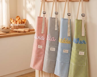 Grembiule personalizzato per bambini, grembiule da chef personalizzato per bambini piccoli, grembiule con nome ricamato, grembiule da cucina a righe, grembiule da piccolo fornaio, regalo di Natale