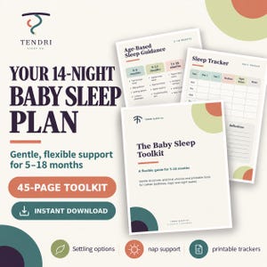 Könnte beinhalten: Ein 45-seitiges Baby-Schlafplan-Toolkit mit dem Titel Your 14-Night Baby Sleep Plan, das altersgerechte Schlafberatung, einen Schlaftracker und einen Leitfaden enthält. Die Dokumente verwenden eine Farbpalette aus Creme, Salbeigrün und Terrakotta.