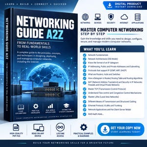 May include: A digital product guide titled Networking Guide A2Z, featuring a blue globe graphic, network hardware, and a list of learning objectives including network fundamentals, IP addressing, routing, and security protocols for computer networks.