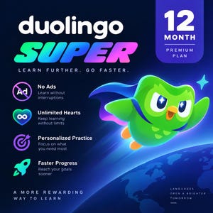 Puede incluir: Un anuncio del plan premium Duolingo Super de 12 meses con una mascota de búho verde con capa volando sobre un globo terráqueo. El texto incluye: Learn further. Go faster. No Ads, Unlimited Hearts, Personalized Practice, Faster Progress, A more rewarding way to learn.