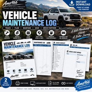 Può includere: Un modello stampabile di registro di manutenzione del veicolo con un pickup bianco su una strada di montagna. Il documento include sezioni per le informazioni sul veicolo, liste di controllo, registri del carburante e note in inglese.