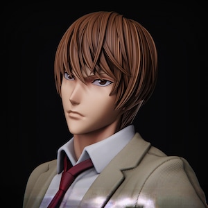 May include: A detailed anime-style figurine of a character with short, layered brown hair and brown eyes. The figure wears a white collared shirt, a dark red necktie, and a light tan blazer. The facial features are sharp with a neutral expression.