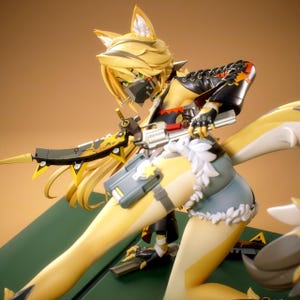 May include: A yellow-furred anthropomorphic character figurine with fox-like ears and a long tail, wearing a black face mask, a black jacket with lace-up sleeves, and light blue shorts with white trim, holding a large, detailed mechanical crossbow.