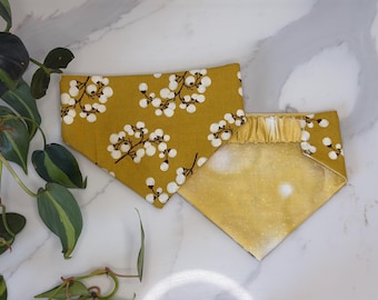 Our “Stay Golden” collection: handmade Reversible Pet Bandana, Upcycled Fabric, Scrunchie Backing